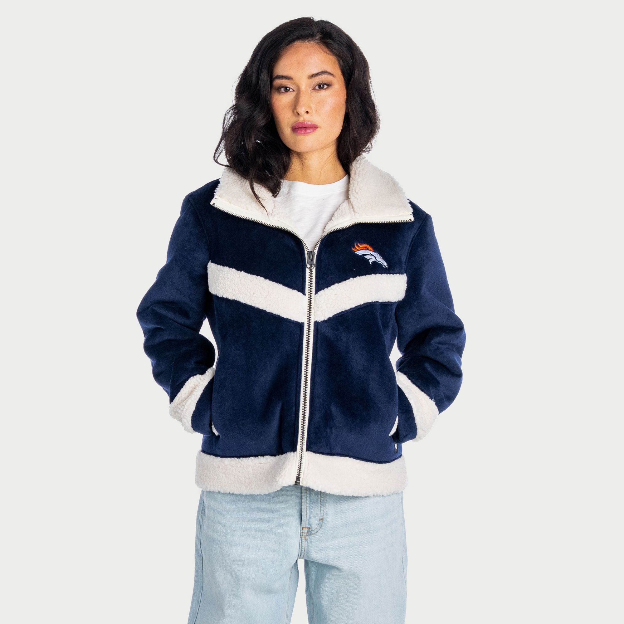 The Wild Collective Women's Denver Broncos Sherpa Full-Zip Bomber