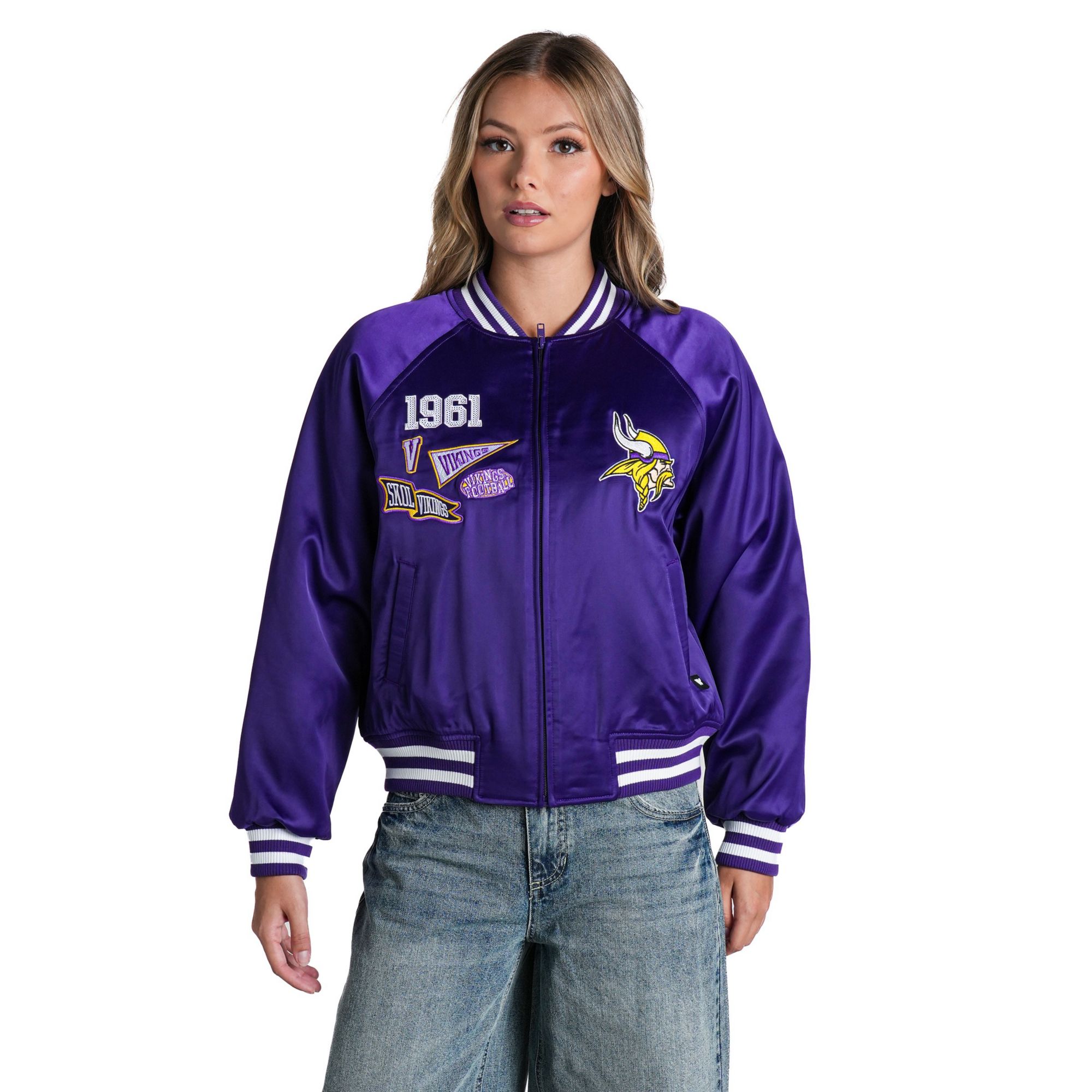The Wild Collective Women's Minnesota Vikings Satin Raglan Bomber