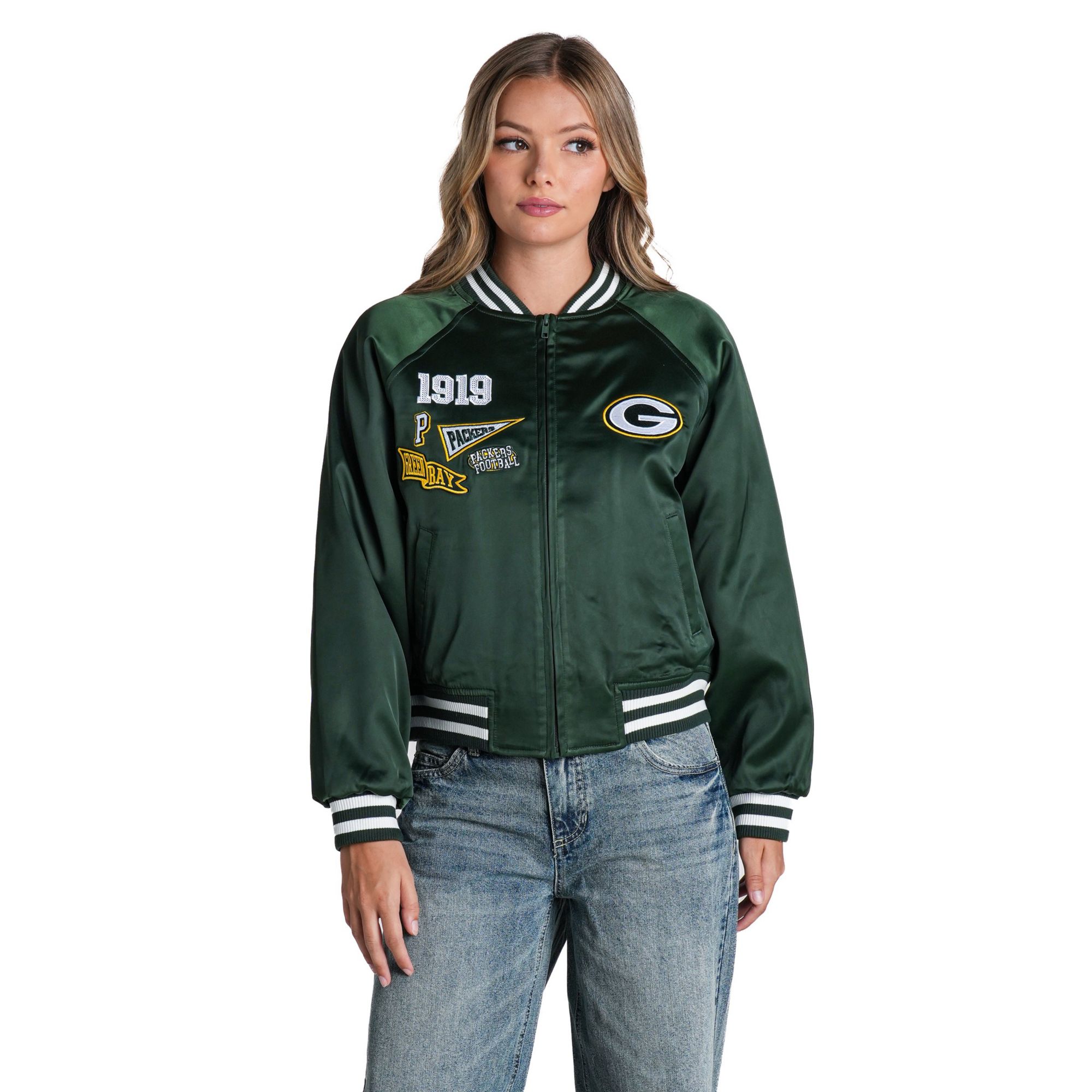 The Wild Collective Women's Green Bay Packers Satin Raglan Bomber