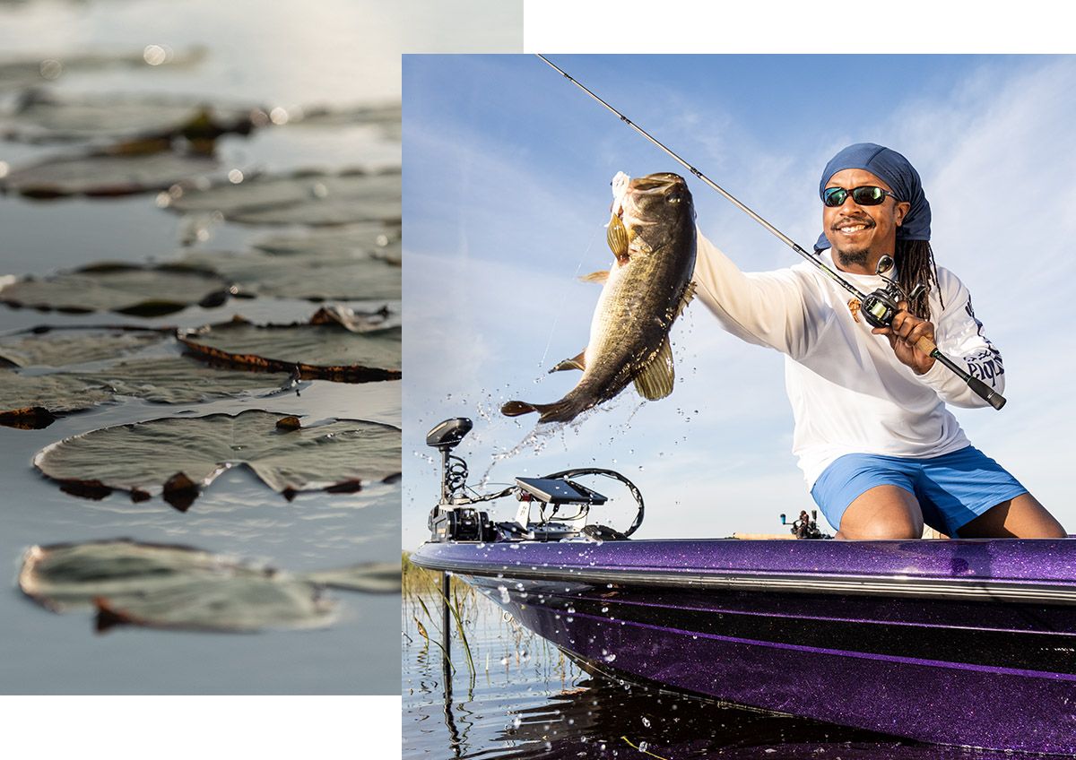 Two photos, with one showing an angler smiling while lipping a trophy-size largemouth bass, the other showing a background of lily pads.