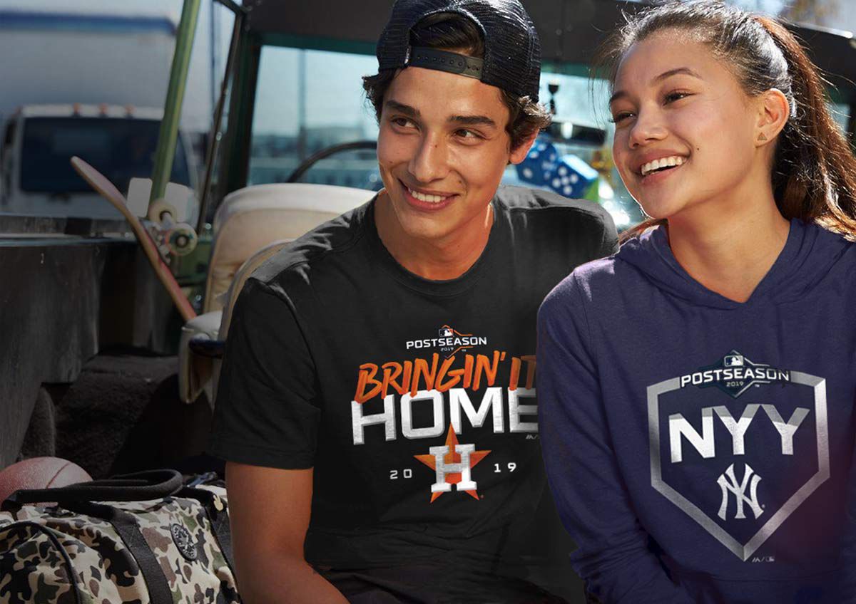 A Houston Astros Postseason 2019 tee and New York Yankees postseason 2019 hoodie.