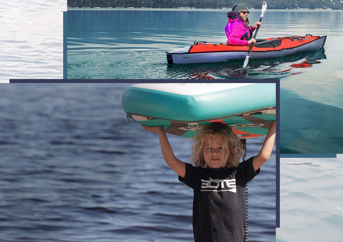 A blonde child holding an inflatable stand-up paddle board and a kayaker paddling an inflatable kayak in a lake.