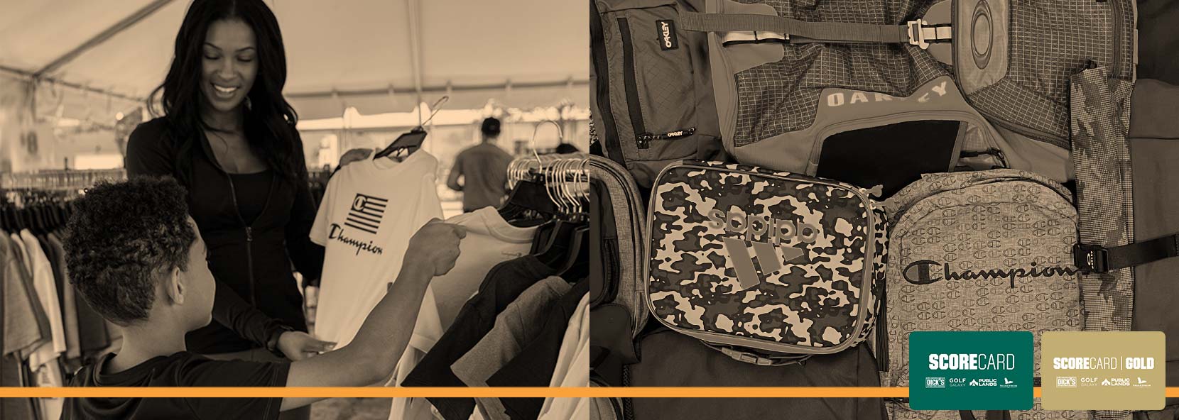 Black and white imagery of mother and son shopping and a pile of backpacks.