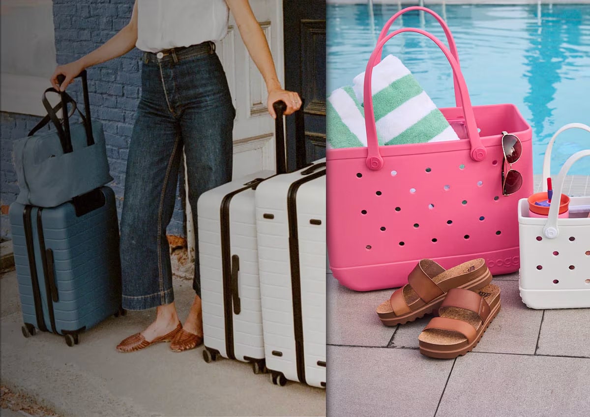 Woman with AWAY luggage. Bogg bags poolside.