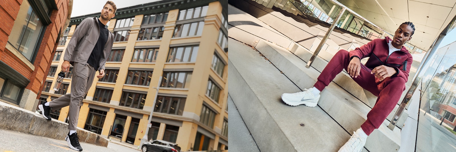 A man walking in the city and a pan posing on steps.