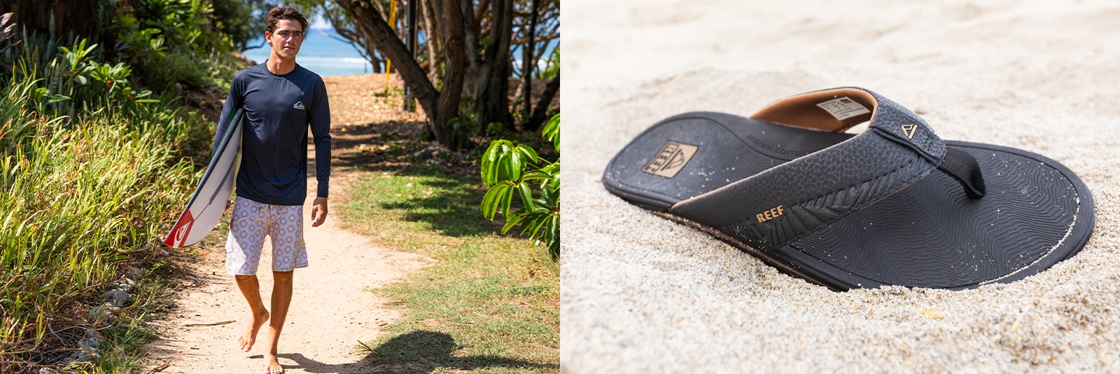 A man on a beach and a sandal in the sand.