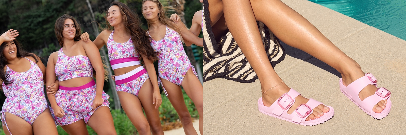 Women wearing swimsuits on the beach and a woman wearing sandals.