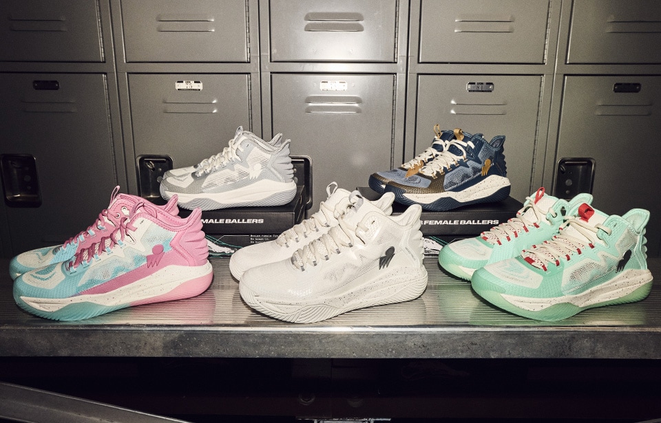 Moolah basketball shoes in a locker room.