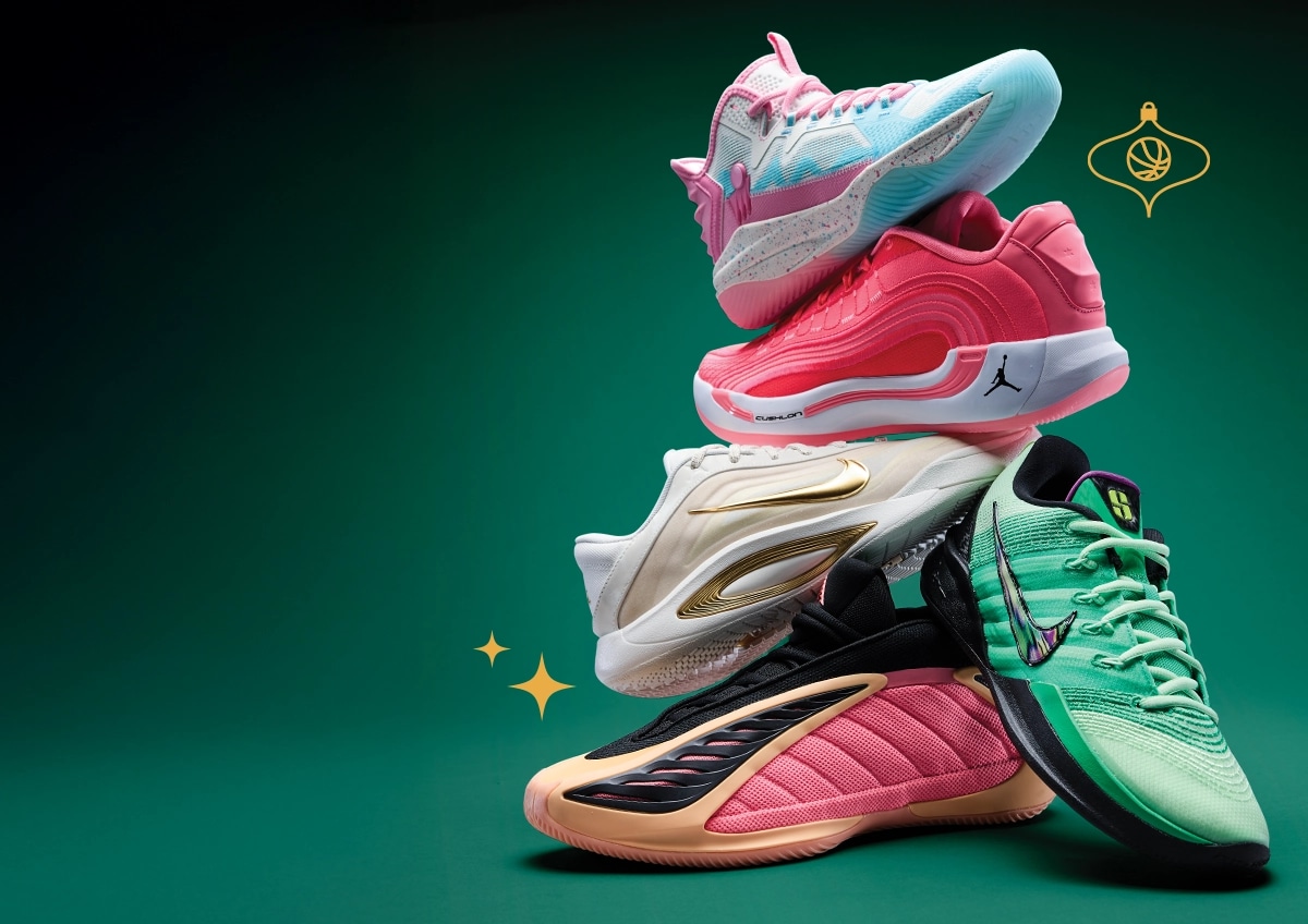 Pile of basketball shoes.