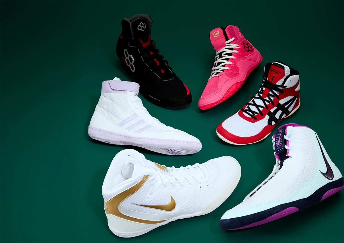 Collection of wrestling shoes from top brands.