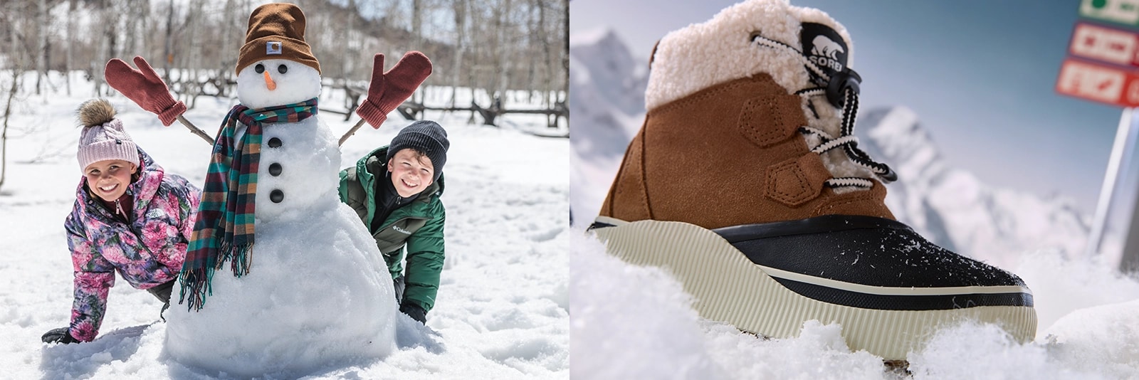 Kids outside in the snow with a snowman; a close up of a snow boot.