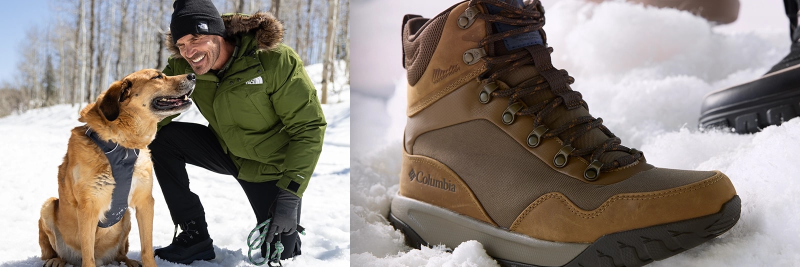 Man outside in coats and boots in the snow.