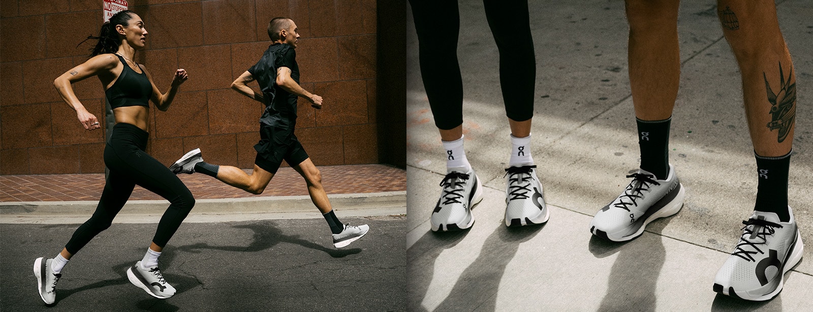 Man and woman running in On Cloudboom Max shoes.