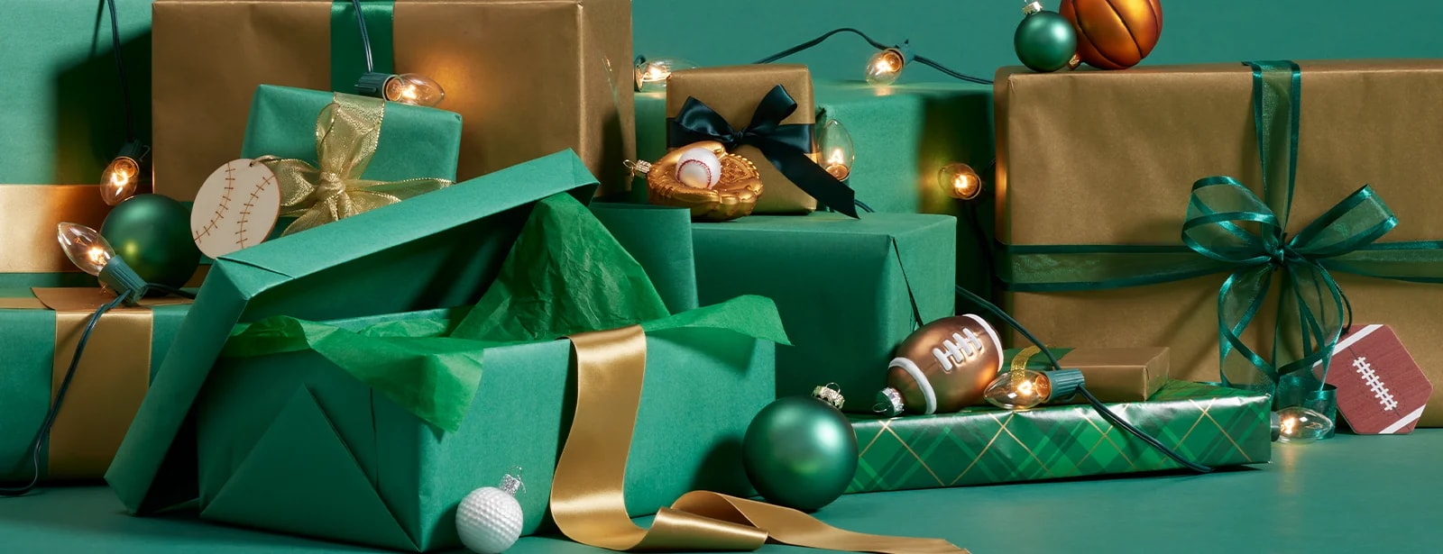 Gift boxes and sport ornaments.
