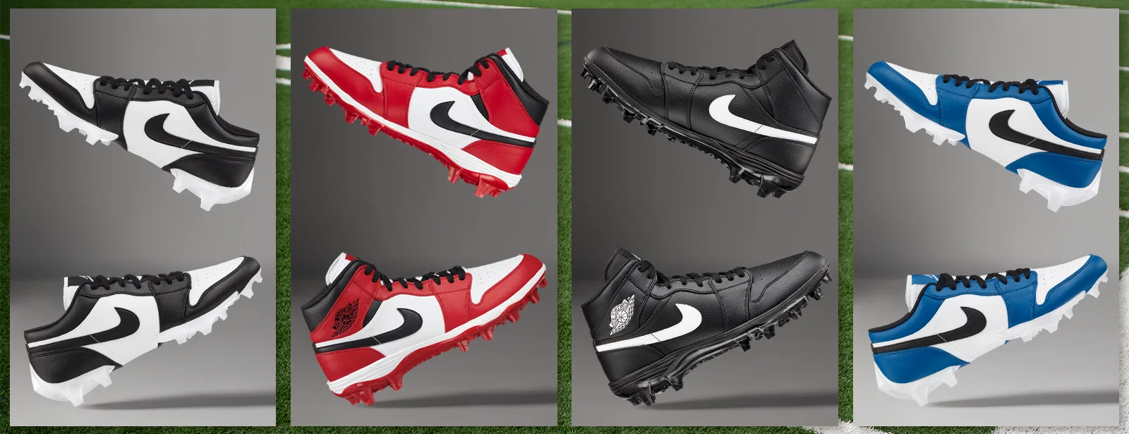Jordan 1 Mid and Low Football Cleats.