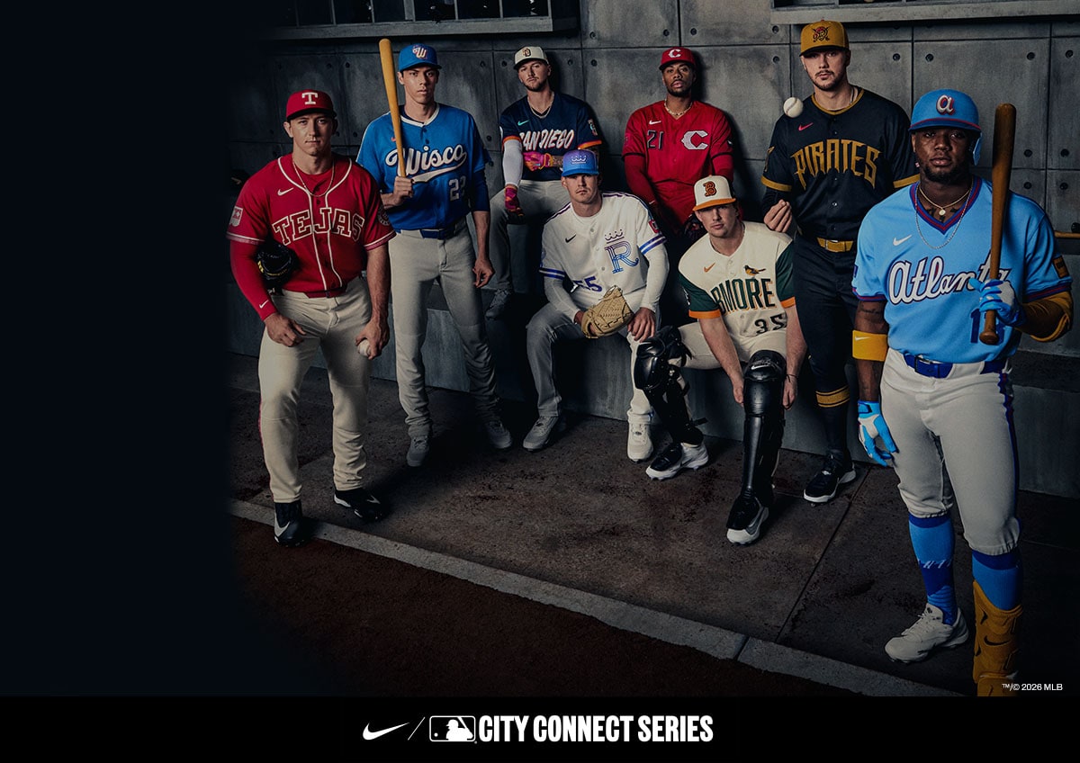 Baseball player on dark background. Nike and MLB logos. City Connect Series. ™/© 2026 MLB