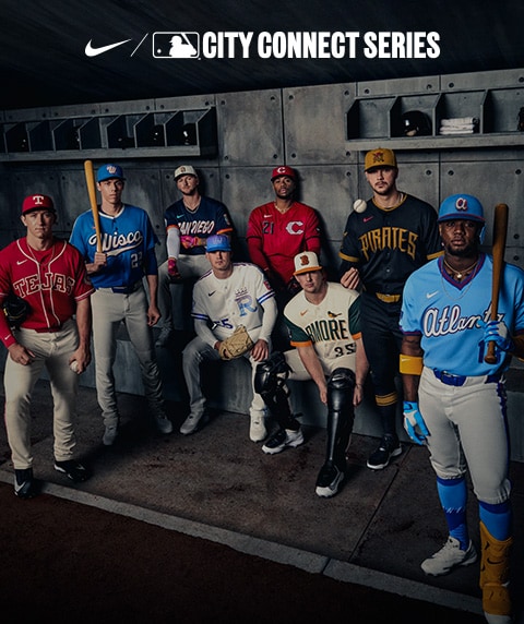 Baseball player on dark background. Nike and MLB logos. City Connect Series. ™/© 2026 MLB