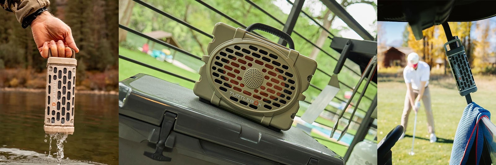 Turtlebox speakers in river, backyard and golf environments.