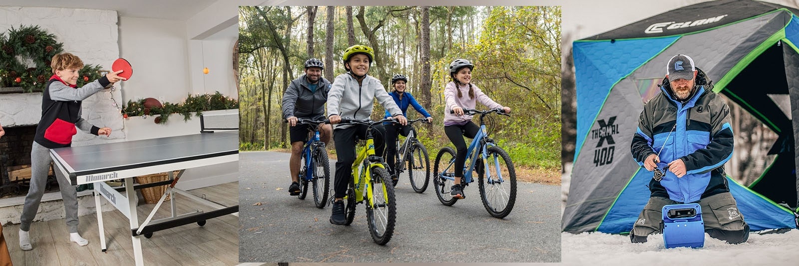 Kid playing table tennis. Family cycling. Man fishing.