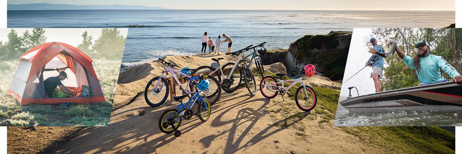 Collection of outdoor images: man in tent, people by a coast with their bikes, and two men fishing.