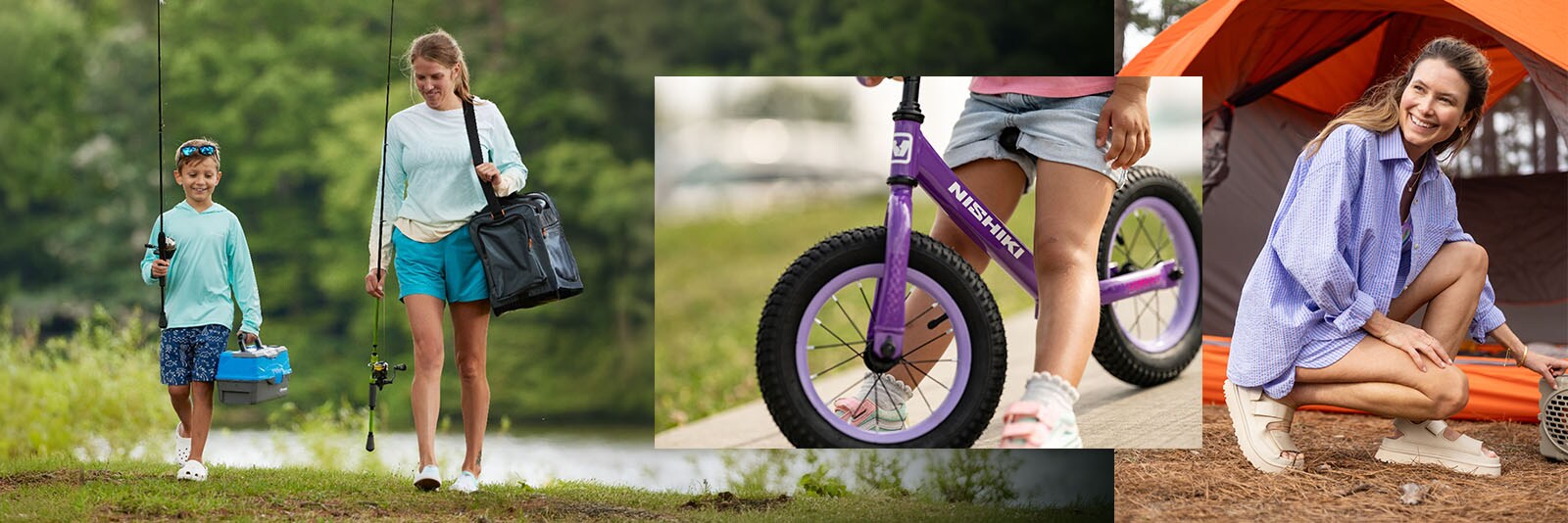 Collection of outdoor images: woman next to tent, child on bike, mother and son with fishing rods.