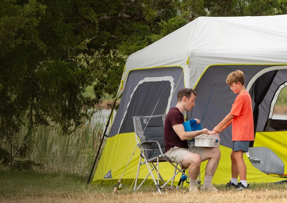 Father and son camping.