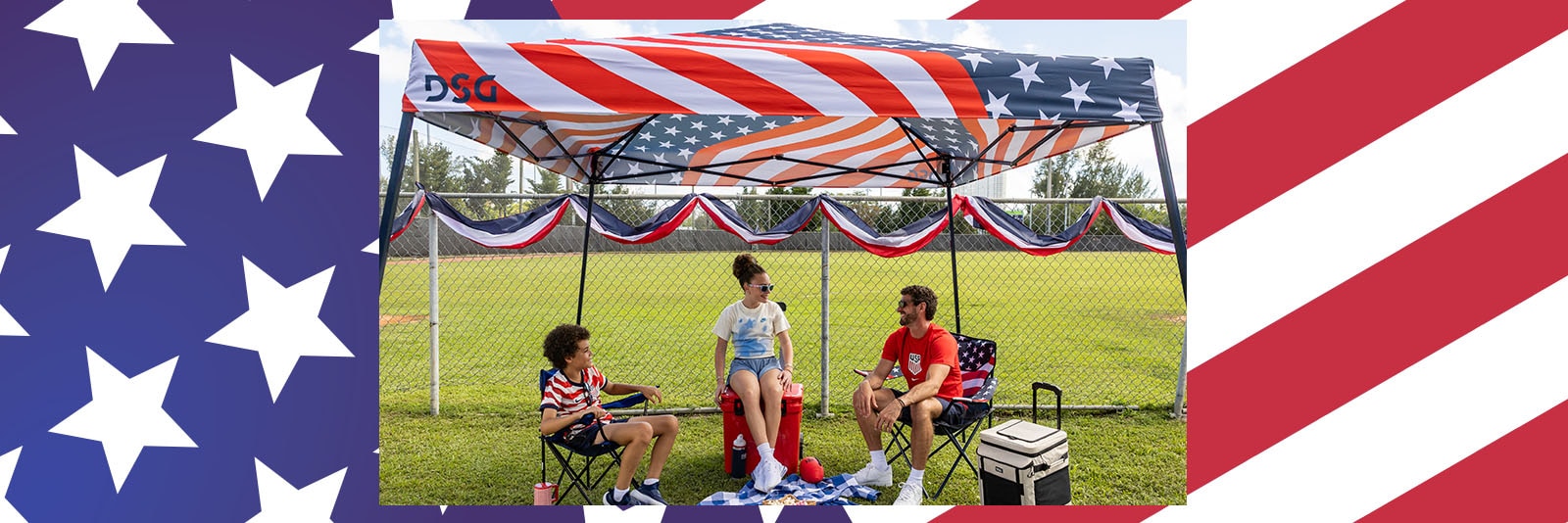 People with American flag themed gear.
