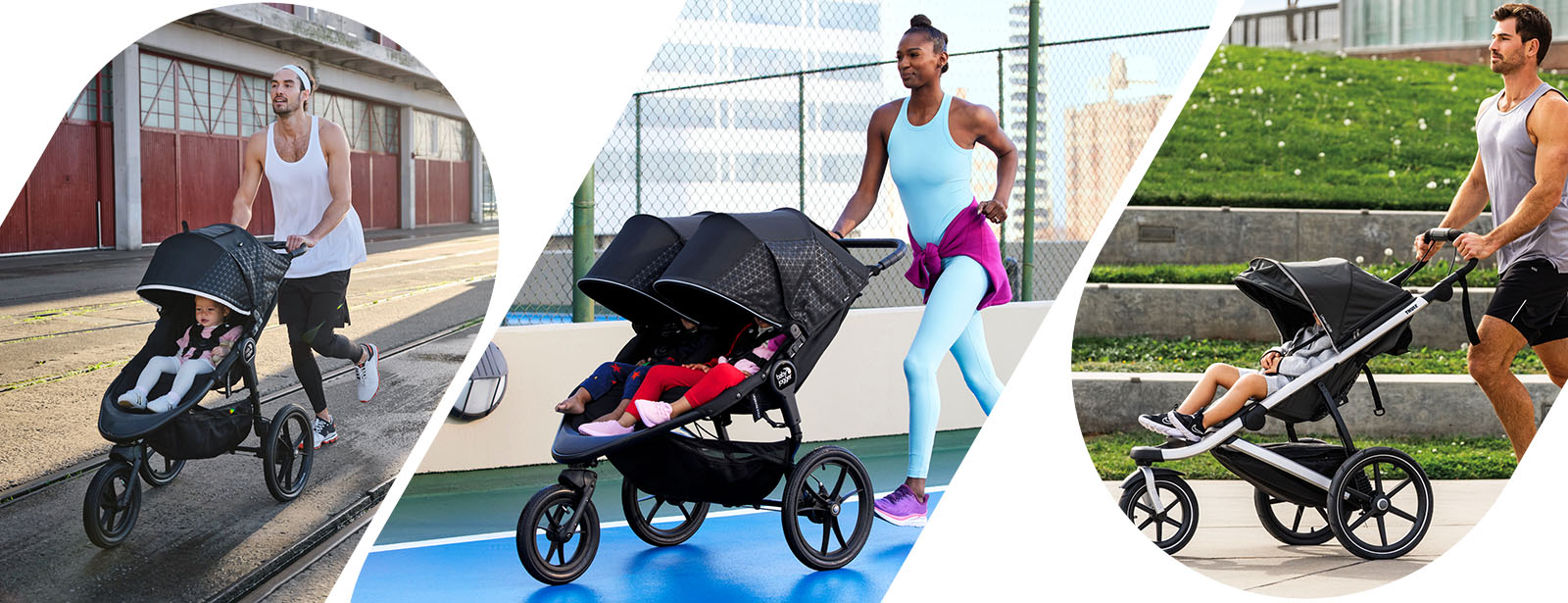 Multiple images of people jogging with a baby stroller