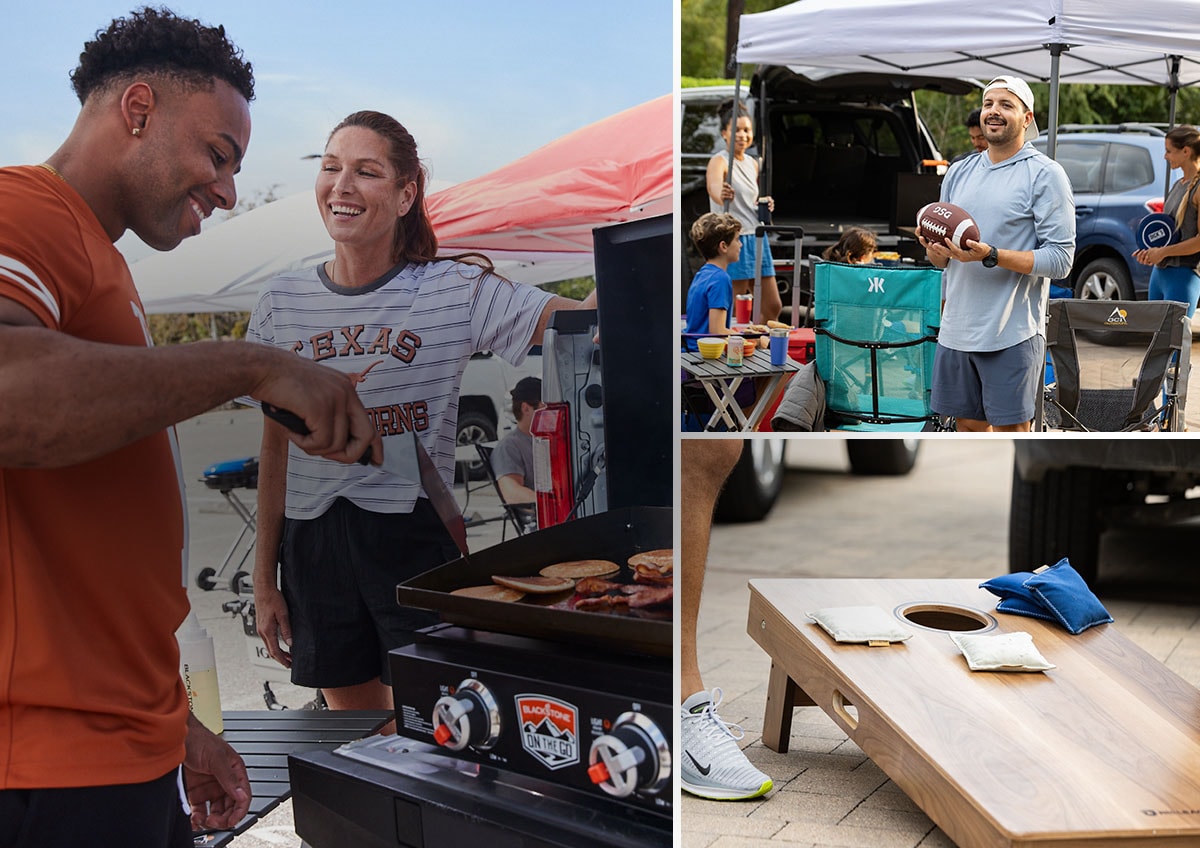 Images of people grilling and having fun at a tailagte