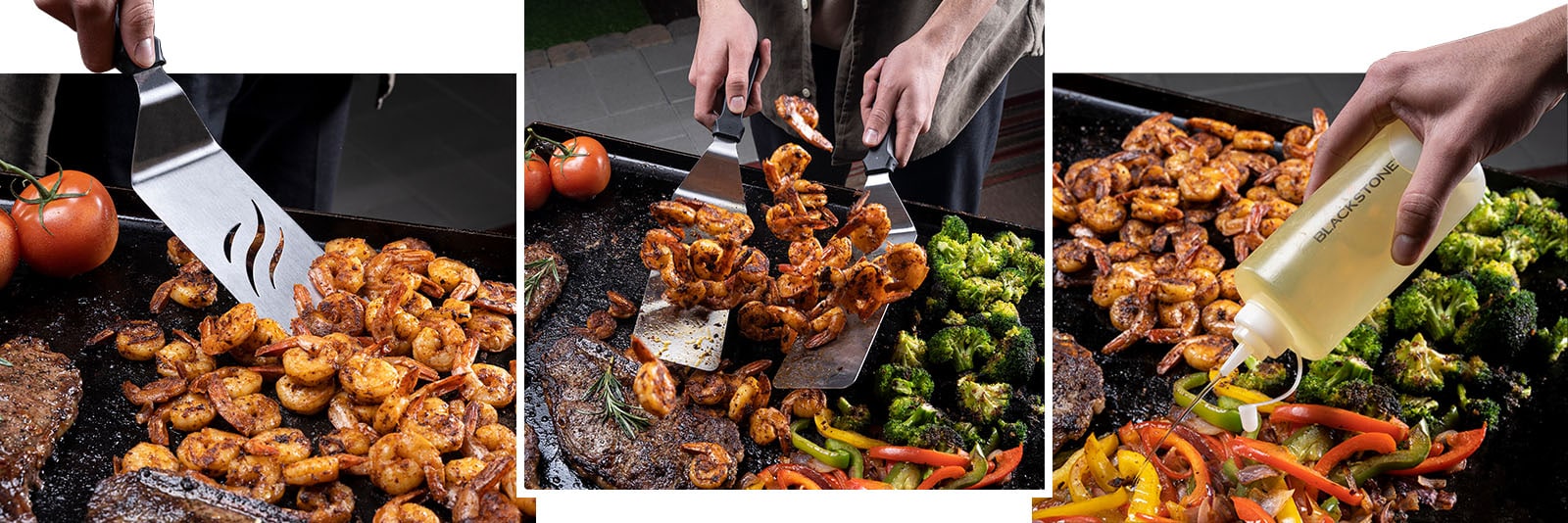 Multiple images of food cooking on a grill