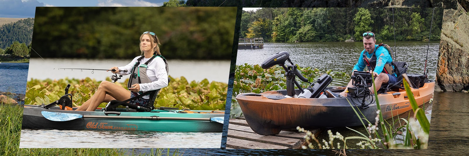Woman fishing in a paddle boat. Man in a kayak.