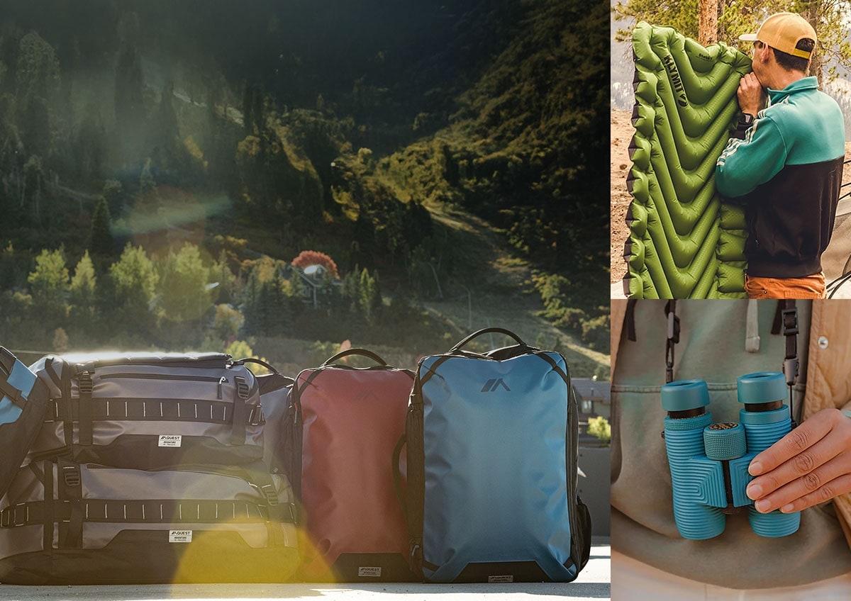 Collection of travel packs. A man inflating a sleeping pad. Close-up of binoculars.