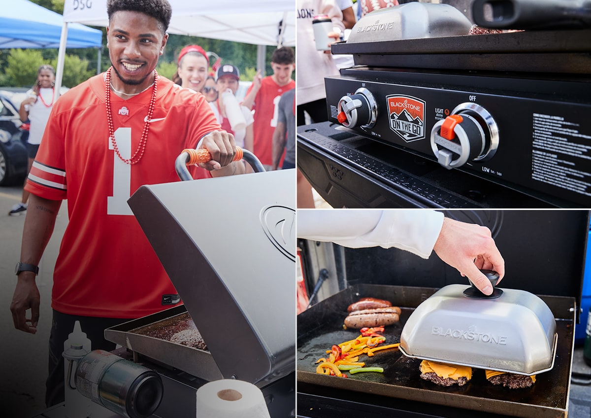 A family cooking outdoors on a Blackstone griddle.