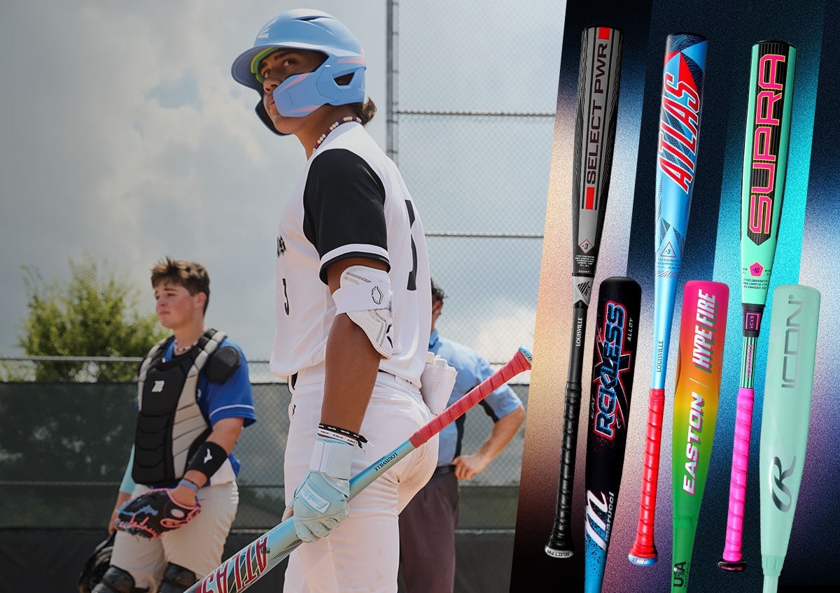 Baseball player and a collection of bats on a gradient background.