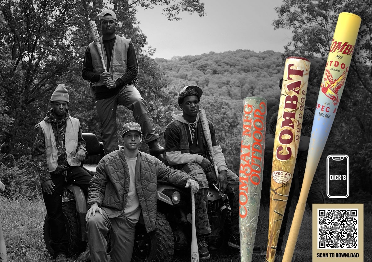 Collection of outdoor themed bats. QR code for Dick's App download.