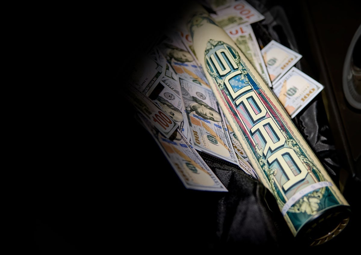 Cash-themed baseball bat on cash.