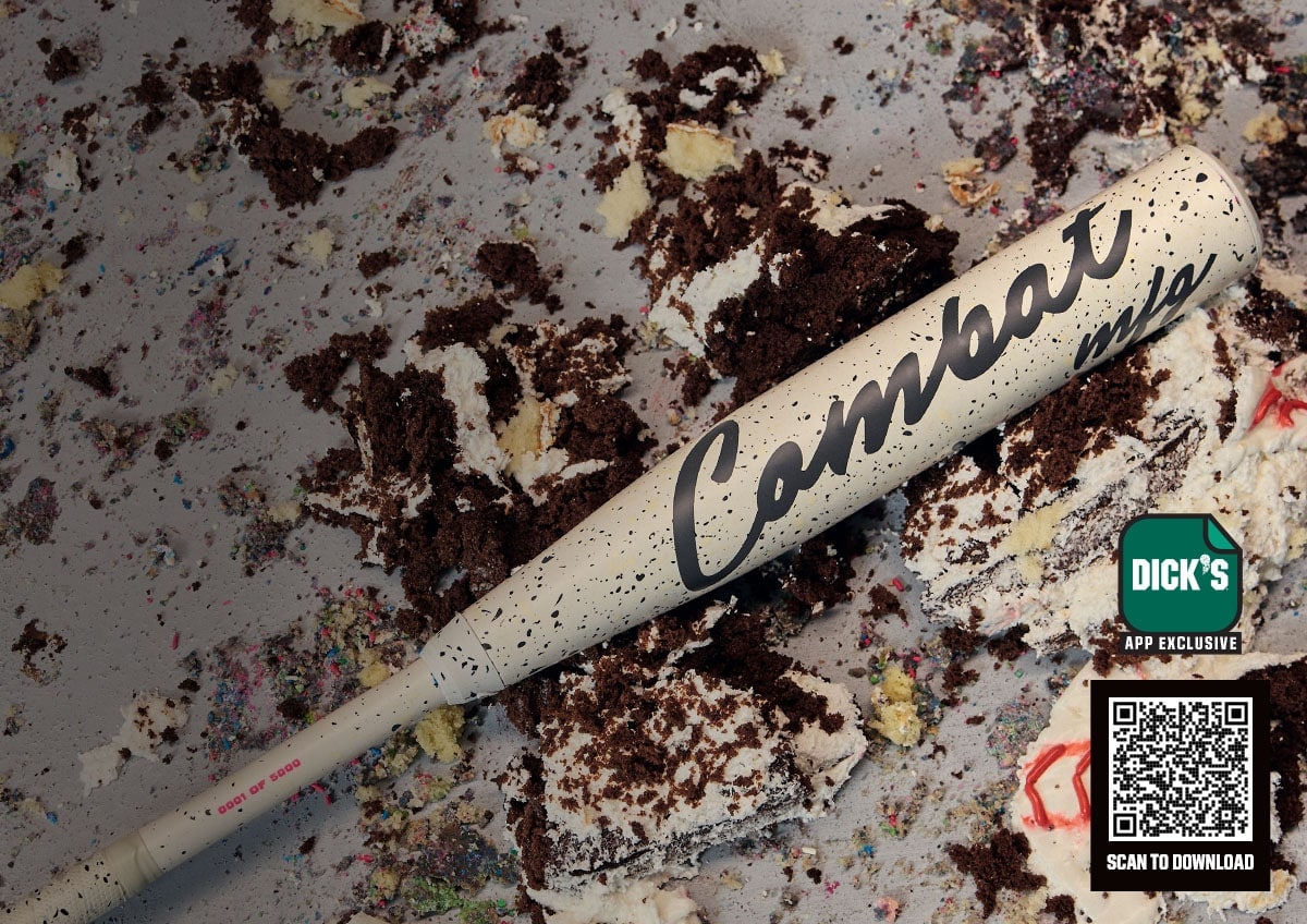 Dick's app exclusive. Cookies and cream themed baseball bat. Scan QR code to download.
