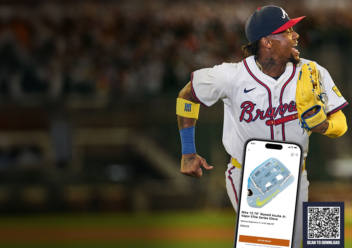 Ronald Acuña Jr. with yellow glove. A phone mockup. A QR code with "Scan to download" under it.