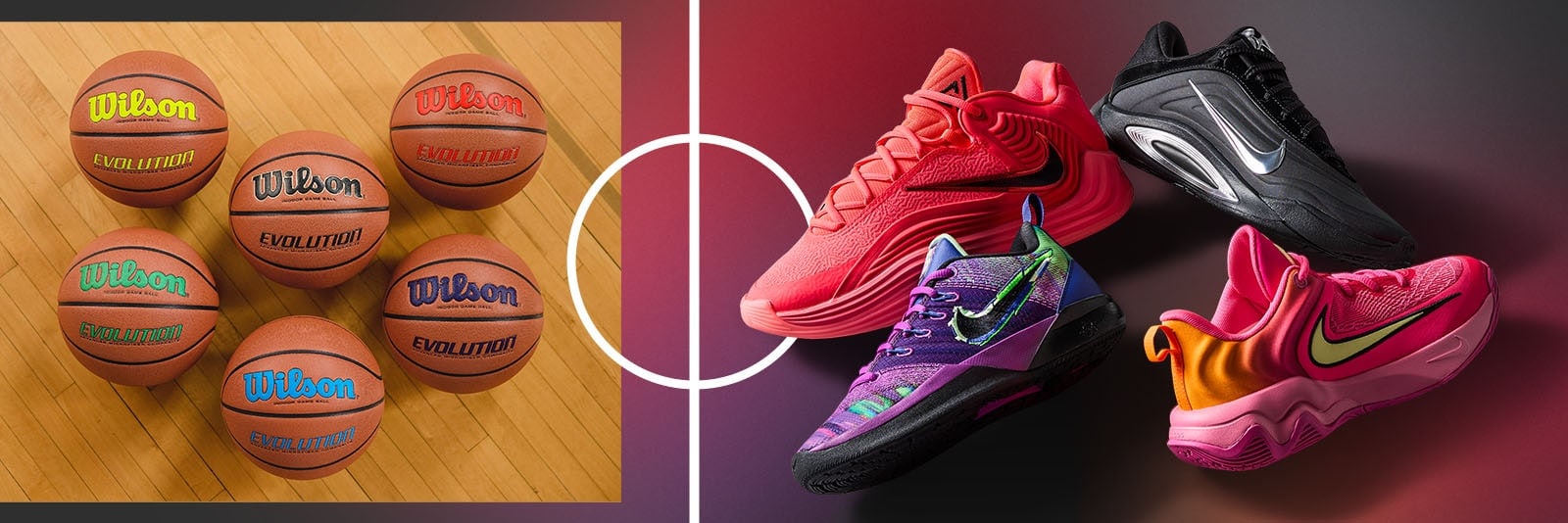 Colorful basketballs and basketball shoes.