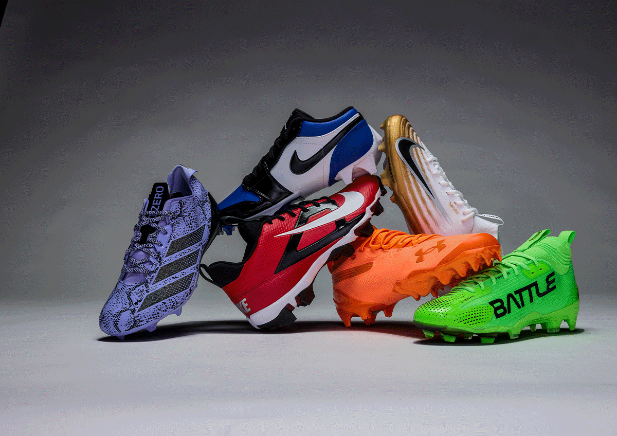 Animation of different colored football cleats and gloves.
