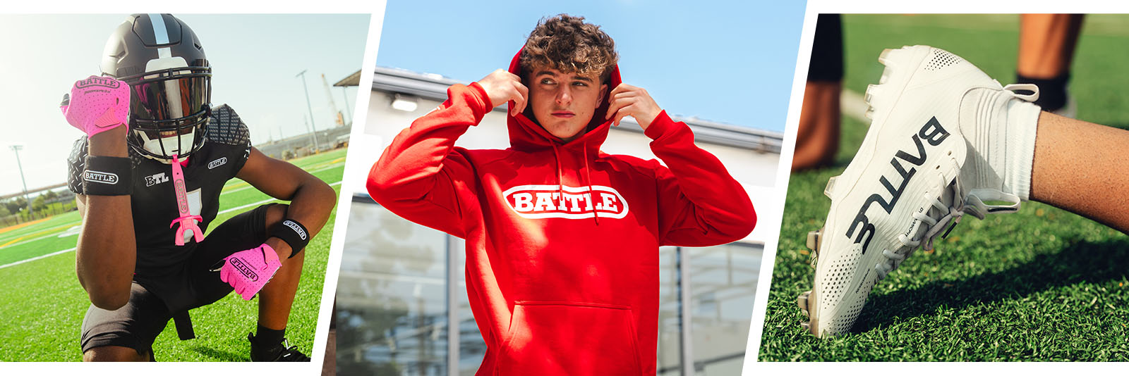 Collection of cleats and another image of an athlete wearing Battle Sports outfit.