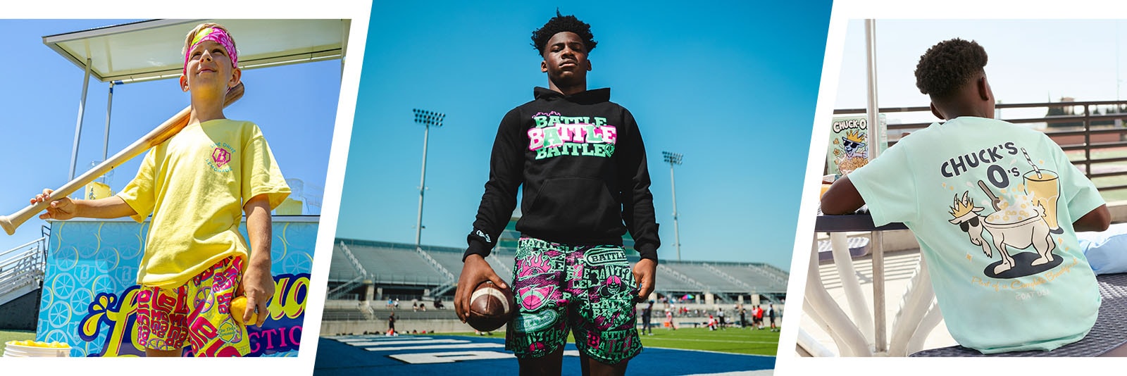 Collection of images featuring young athletes in colorful clothing.