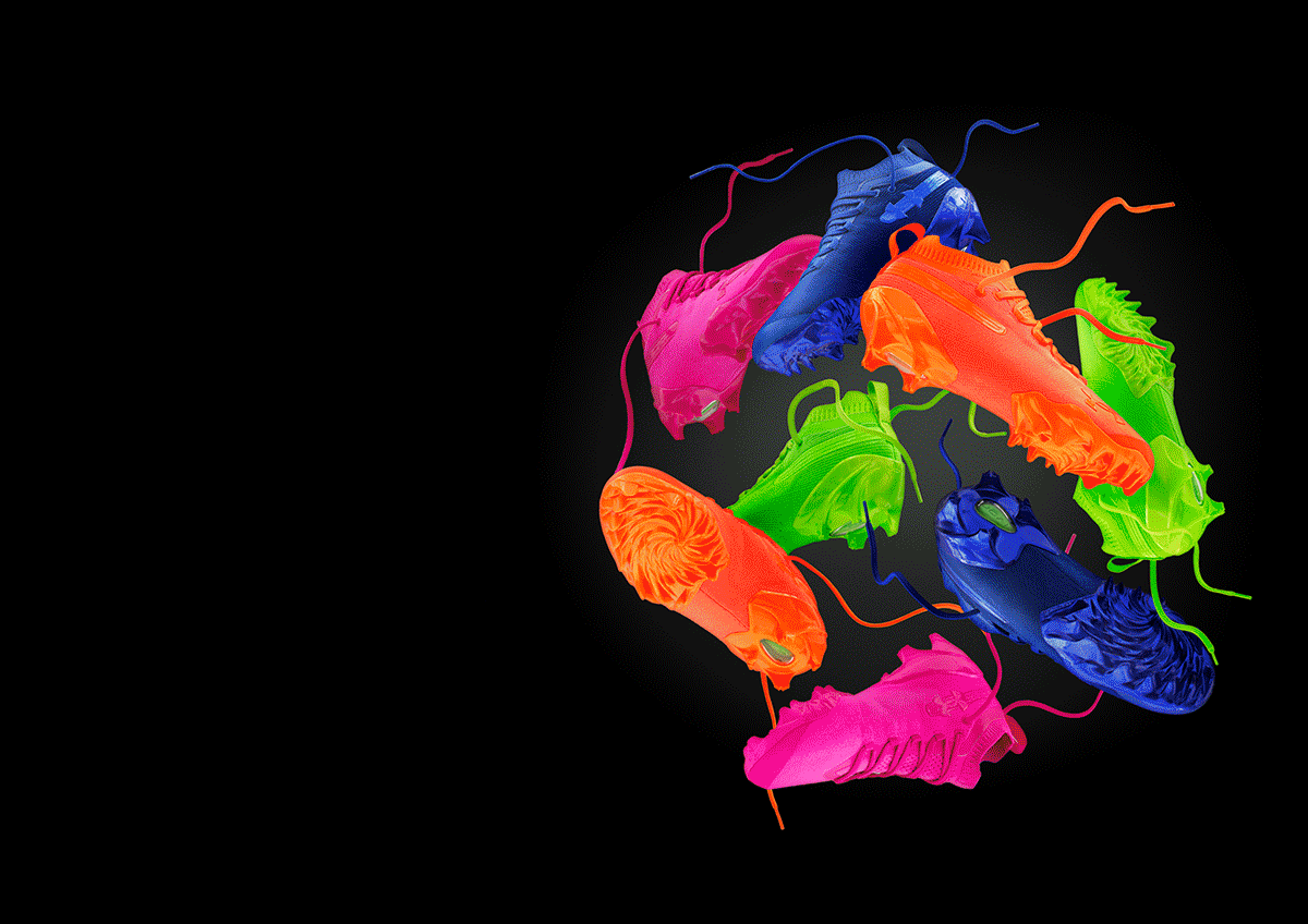 Animation of different colored football cleats and gloves.