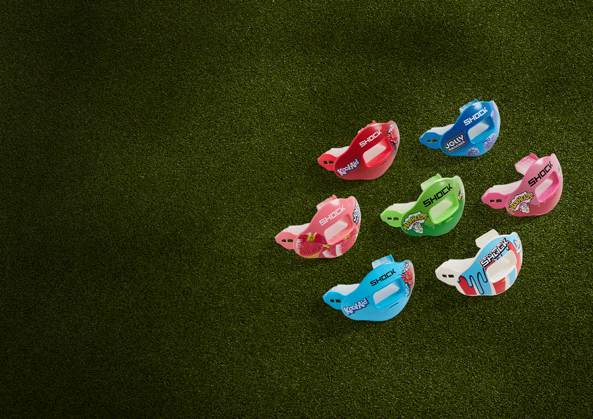Animation of football accessories including gloves, mouth guards, arm sleeves, and more.