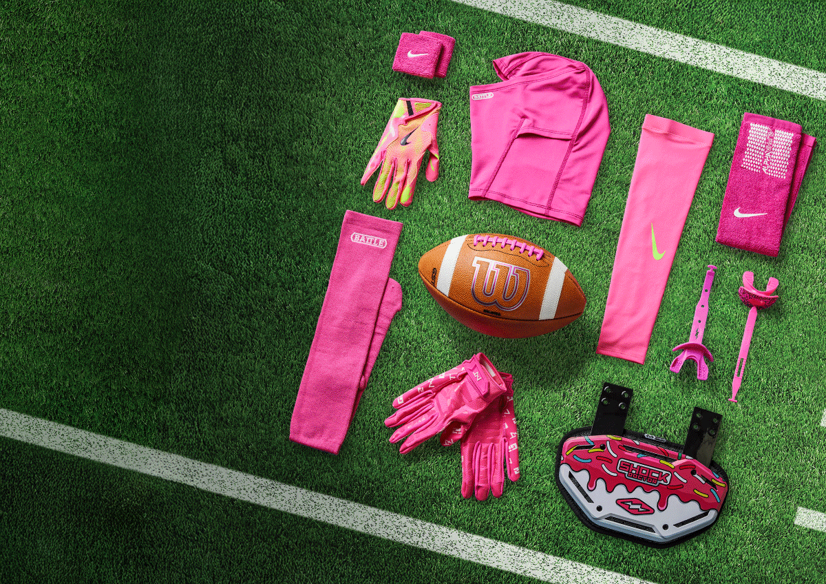 Animation of different colored football cleats and gloves.