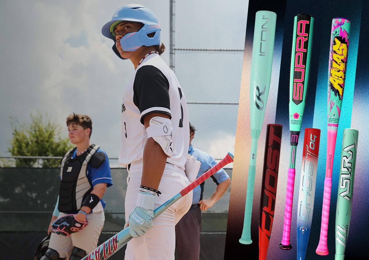 Baseball player and a collection of baseball and softball bats.