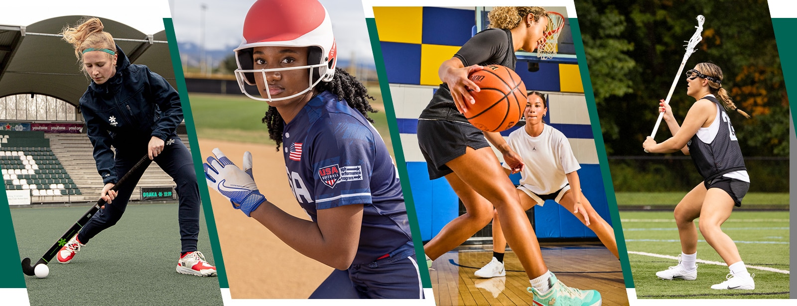 Athletes playing soccer, basketball, field hockey and softball.