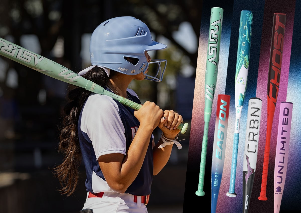 Softball player with bat. A collection of bats on a gradient backdrop.