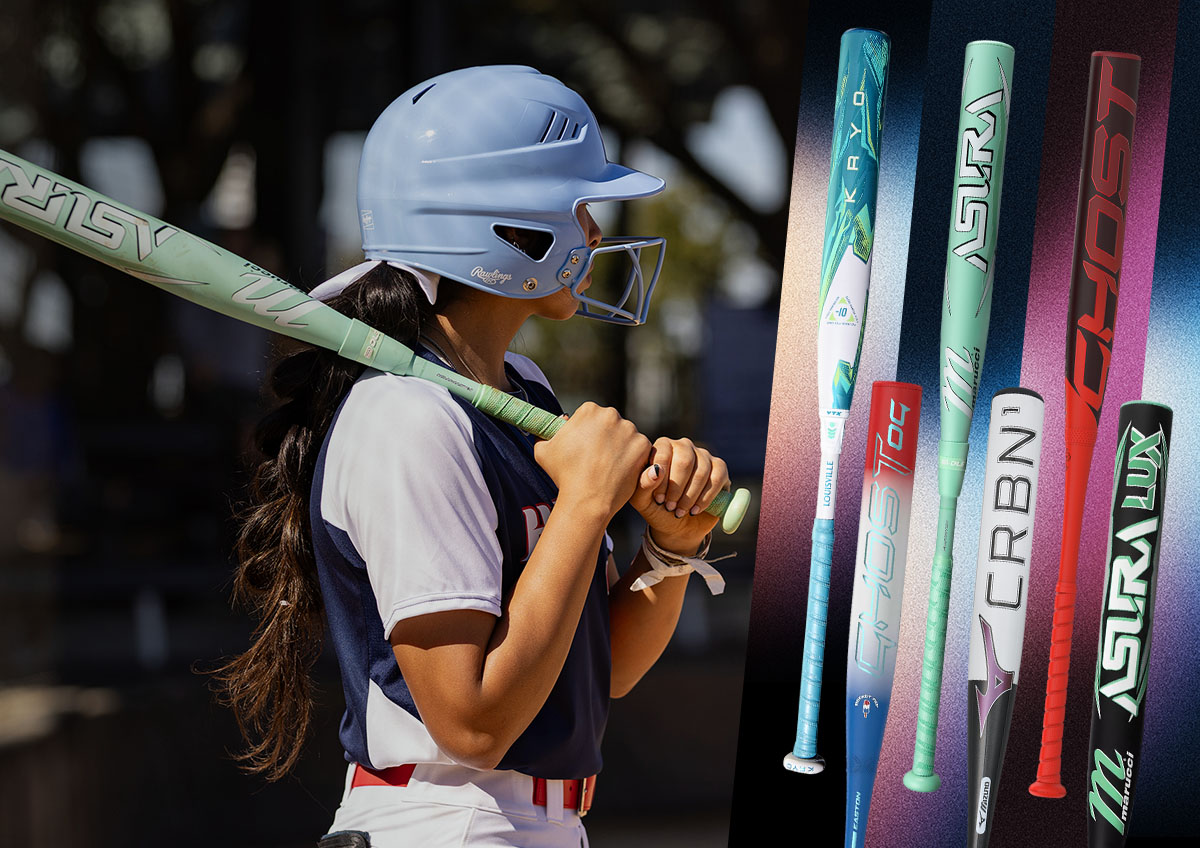 Softball player with bat. A collection of bats on a gradient backdrop.