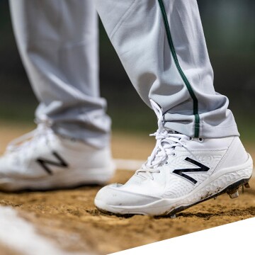 Close up of baseball cleats.